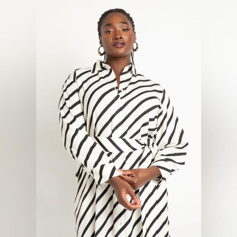Eloquii Maxi Shirtdress, Black and White Striped, Plus Size, Duster, Size 16